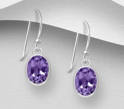 La Preciada - 925 Sterling Silver Oval Hook Earrings, Decorated with Amethyst