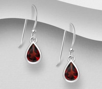 La Preciada - 925 Sterling Silver Droplet Hook Earrings, Decorated with Garnet