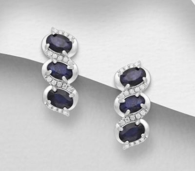 Malın səhifəsinə keç La Preciada - 925 Sterling Silver Omega Lock Earrings, Decorated with CZ Simulated Diamonds and Blue Sapphire