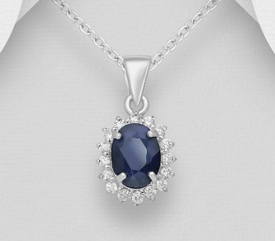 925 Sterling Silver Halo Pendant, Decorated with Blue Sapphire and CZ Simulated Diamonds