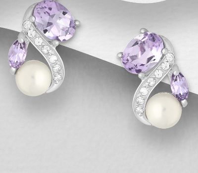 Şəkli böyütmək üçün tiklayın 925 Sterling Silver Omega Lock Earrings, Decorated with CZ Simulated Diamonds, Amethyst and Freshwater Pearls