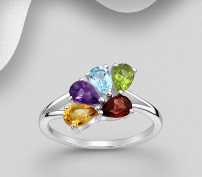 Şəkli böyütmək üçün tiklayın La Preciada - 925 Sterling Silver Ring, Decorated with Amethyst, Citrine, Garnet, Peridot and Sky-Blue Topaz, Gemstone Colors may Vary.