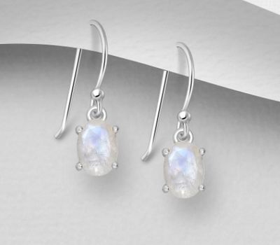 La Preciada - 925 Sterling Silver Oval Hook Earrings, Decorated with Rainbow Moonstone