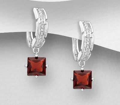 Şəkli böyütmək üçün tiklayın La Preciada - 925 Sterling Silver Omega Lock Earrings, Decorated with CZ Simulated Diamonds and Garnet