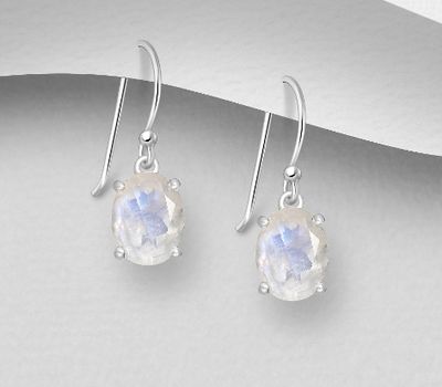 Şəkli böyütmək üçün tiklayın La Preciada - 925 Sterling Silver Oval Hook Earrings, Decorated with Rainbow Moonstone