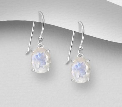 La Preciada - 925 Sterling Silver Oval Hook Earrings, Decorated with Rainbow Moonstone