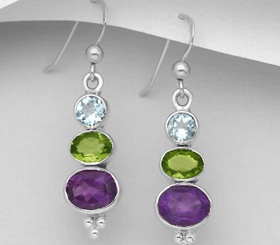 Şəkli böyütmək üçün tiklayın 925 Sterling Silver Hook Earrings, Decorated with Amethyst, Peridot and Sky-Blue Topaz