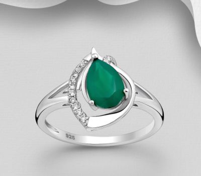 La Preciada - 925 Sterling Silver Ring, Decorated with CZ Simulated Diamonds and Droplet Shape Green Agate