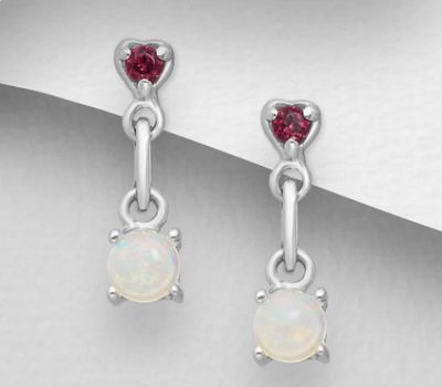 Şəkli böyütmək üçün tiklayın La Preciada - 925 Sterling Silver Heart Links Push-Back Earrings Decorated with Ethiopian Opals and Rhodolites
