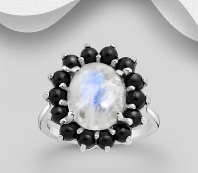 Şəkli böyütmək üçün tiklayın La Preciada - 925 Sterling Silver Ring, Decorated with Rainbow Moonstone and Black Spinel