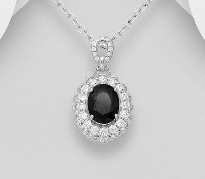 La Preciada - 925 Sterling Silver Oval Pendant, Decorated with CZ Simulated Diamonds and Blue Sapphire