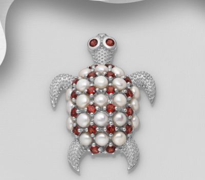 La Preciada - 925 Sterling Silver Turtle Brooch and Pendant, Decorated with Freshwater Pearl and Gemstones