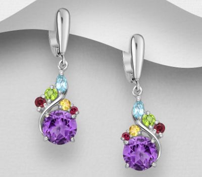 Şəkli böyütmək üçün tiklayın La Preciada - 925 Sterling Silver Omega Lock Earrings Decorated with Various Gemstone, Colours may Vary.