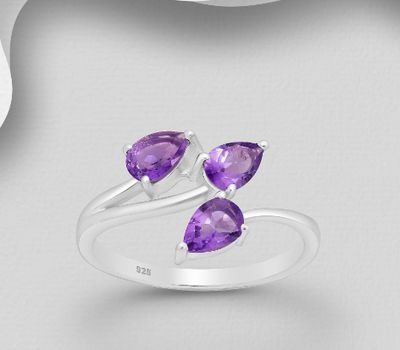 La Preciada - 925 Sterling Silver Adjustable Ring, Decorated with Amethyst