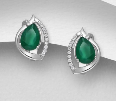 Şəkli böyütmək üçün tiklayın La Preciada - 925 Sterling Silver Omega Lock Earrings, Decorated with CZ Simulated Diamonds and Droplet Shape Green Agate