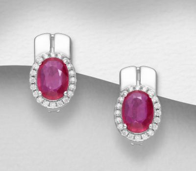 Şəkli böyütmək üçün tiklayın La Preciada - 925 Sterling Silver Omega Lock Earrings, Decorated with CZ Simulated Diamonds and Ruby