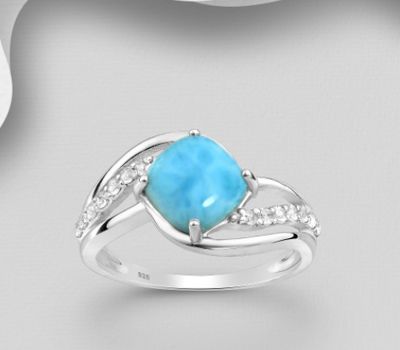 Şəkli böyütmək üçün tiklayın La Preciada - 925 Sterling Silver Ring, Decorated with CZ Simulated Diamonds and Larimar