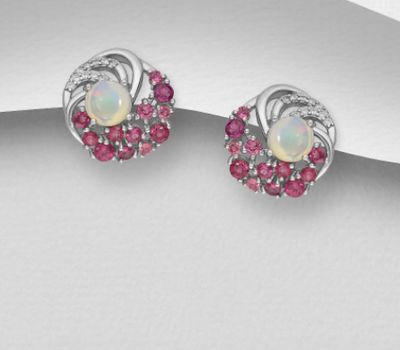 Şəkli böyütmək üçün tiklayın La Preciada - 925 Sterling Silver Omega Lock Earrings, Decorated with CZ Simulated Diamonds, Ethiopian Opal and Rhodolite