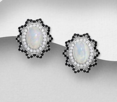 Şəkli böyütmək üçün tiklayın La Preciada - 925 Sterling Silver Omega Lock Earrings, Decorated with CZ Simulated Diamonds and Ethiopian Opal