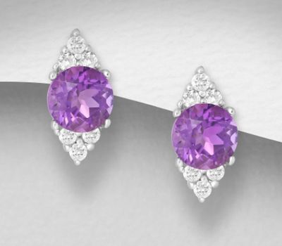 Malın səhifəsinə keç La Preciada - 925 Sterling Silver Omega Lock Earrings, Decorated with White Topaz and Amethyst