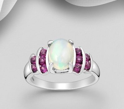 La Preciada - 925 Sterling Silver Ring, Decorated with Ethiopian Opal and Rhodolties