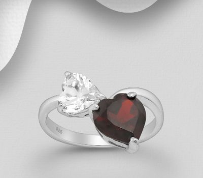 La Preciada - 925 Sterling Silver Heart Ring, Decorated with Garnet and White Topaz