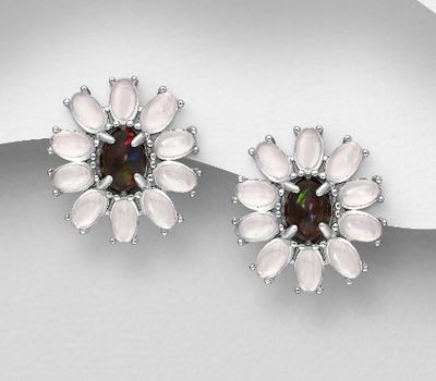 925 Sterling Silver Flower Omega-Lock Earrings, Decorated with Ethiopian Opal and Rose Quartz