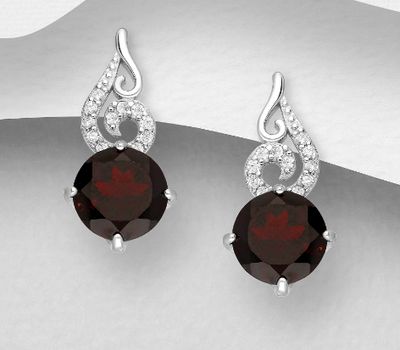 La Preciada - 925 Sterling Silver Omega Lock Earrings, Featuring Swirl Design, Decorated with CZ Simulated Diamonds and Brilliant-Cut Garnet