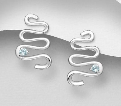 925 Sterling Silver Zigzag Push-Back Earrings, Decorated with Sky-Blue Topaz