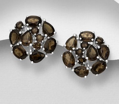 925 Sterling Silver Omega-Lock Earrings, Decorated with Smoky Quartz