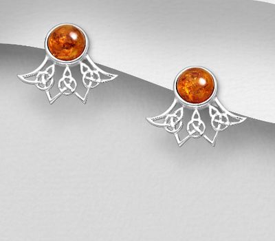 925 Sterling Silver Celtic Push-Back Earrings, Decorated with Baltic Amber