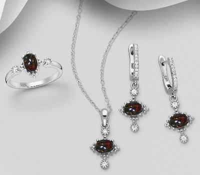La Preciada - 925 Sterling Silver Omega-Lock Earrings, Ring and Pendant Jewelry Set, Decorated with CZ Simulated Diamonds and Ethiopian Opal