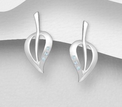 925 Sterling Silver Matt Leaf Push-Back Earrings, Decorated with Sky-Blue Topaz