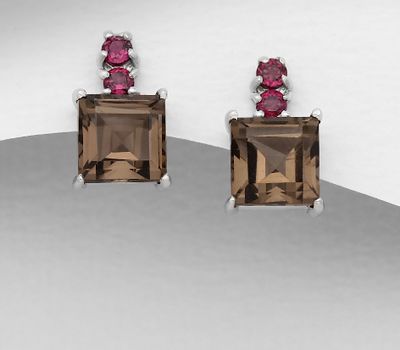 La Preciada - 925 Sterling Silver Push-Back Earrings, Decorated with Smoky Quartz and Rhodolites