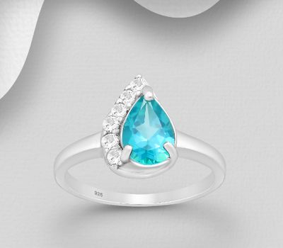La Preciada - 925 Sterling Silver Pear-Shaped Ring, Decorated with White and Paraiba Topaz