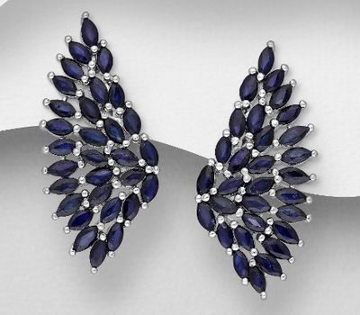 La Preciada - 925 Sterling Silver Omega Lock Earrings, Decorated with Marquise-Cut Blue Sapphires
