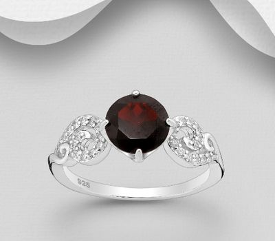 La Preciada - 925 Sterling Silver Ring, Featuring Swirl Design, Decorated with CZ Simulated Diamonds and Brilliant-Cut Garnet