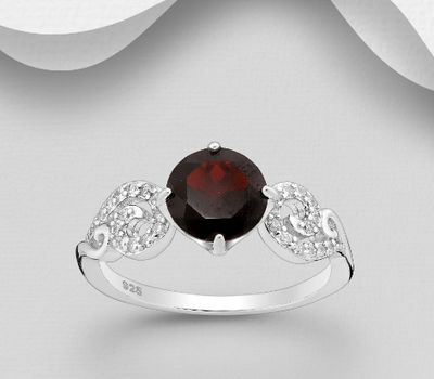 Şəkli böyütmək üçün tiklayın La Preciada - 925 Sterling Silver Ring, Featuring Swirl Design, Decorated with CZ Simulated Diamonds and Brilliant-Cut Garnet