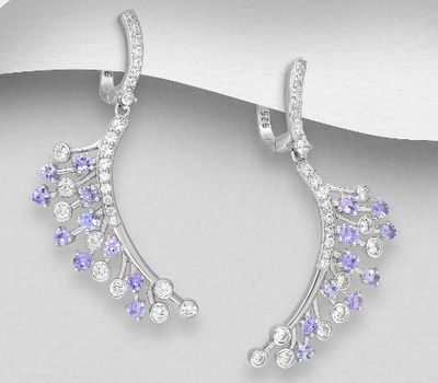 La Preciada - 925 Sterling Silver Omega Lock Earrings, Decorated with Tanzanites and CZ Simulated Diamonds