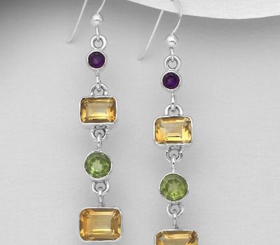 Şəkli böyütmək üçün tiklayın 925 Sterling Silver Hook Earrings, Decorated with Amethyst, Citrine and Peridot