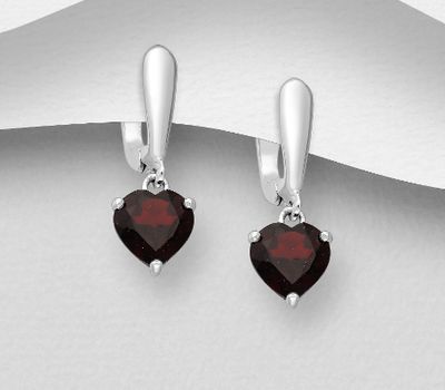 La Preciada - 925 Sterling Silver Heart Omega Lock Earrings, Decorated with Garnet