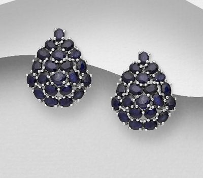 925 Sterling Silver Omega-Lock Earrings, Decorated with Blue Sapphire
