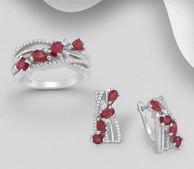 Şəkli böyütmək üçün tiklayın 925 Sterling Silver Omega Lock Earrings and Ring Jewelry Set, Decorated with CZ Simulated Diamonds and Ruby