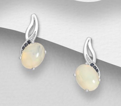 Şəkli böyütmək üçün tiklayın La Precaida - 925 Sterling Silver Omega Lock Earrings, Decorated with CZ Simulated Diamonds and Ethiopian Opal