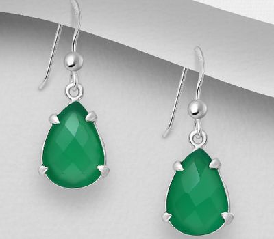 Şəkli böyütmək üçün tiklayın 925 Sterling Silver Droplet Hook Earrings, Decorated with Green Onyx