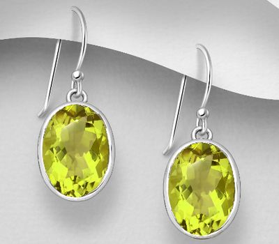925 Sterling Silver Oval Hook Earrings, Decorated with Lemon Quartz