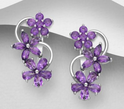 Şəkli böyütmək üçün tiklayın La Preciada - 925 Sterling Silver Omega Lock Flower Earrings, Decorated with Amethysts