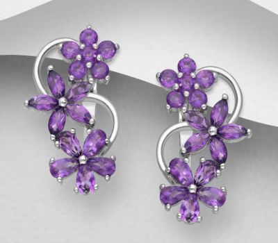 La Preciada - 925 Sterling Silver Omega Lock Flower Earrings, Decorated with Amethysts