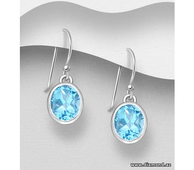 925 Sterling Silver Oval Hook Earrings, Decorated with Sky-Blue Topaz