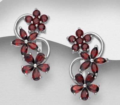 La Preciada - 925 Sterling Silver Flower Omega Lock Earrings, Decorated with Garnets